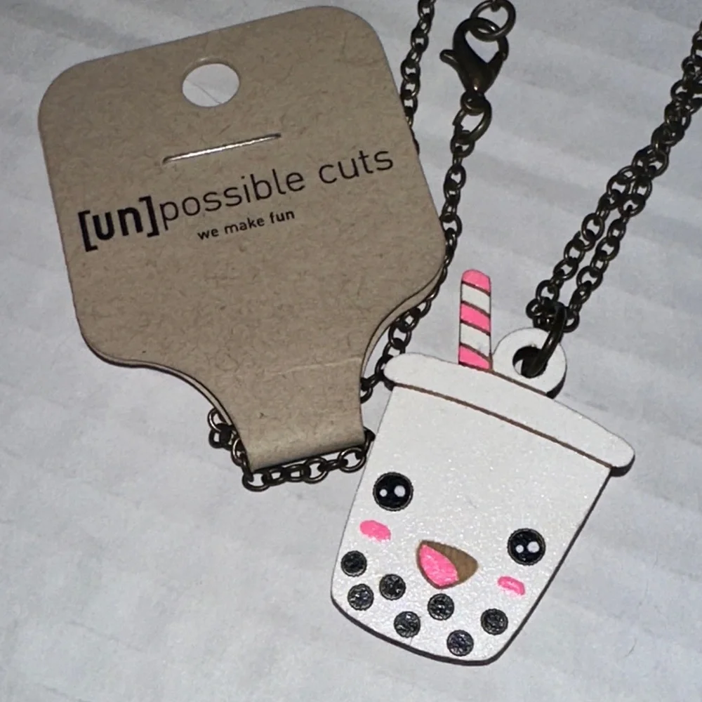 Boba Tea Necklace - White‎ and Pink Hand cut wood